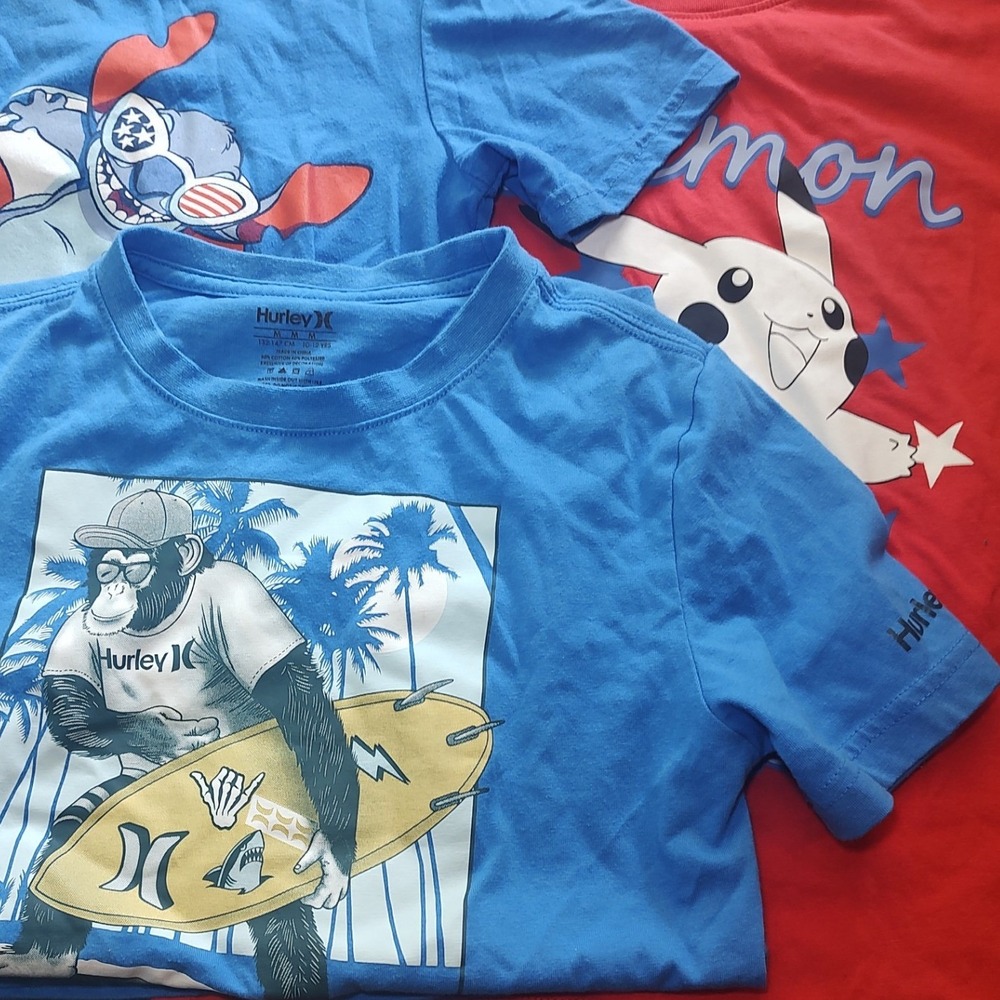 Hurley Disney Pokemon Graphic TShirt Bundle Kids Medium Blue Red Excellent Lot 3